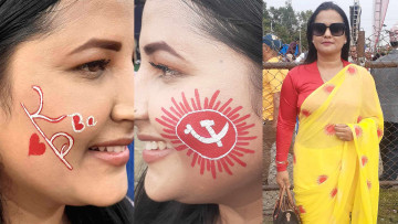 एमाले गण्डकी अधिवेशनका दृश्य- गालामा ‘केपी बा’, सूर्य छापेको सारी !